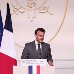 French President Emmanuel Macron speaks at the Jean-Pierre Bloch award ceremony of the International Anti-Racist and Anti-Semitism Alliance (LICRA) at Elysee Palace in Paris on April 2, 2025.