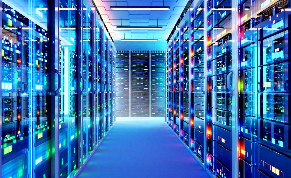 Interior of large modern server room. 3D rendering illustration