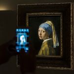 A person taking a picture on an iPhone with a picture of a white woman in a headscarf.
