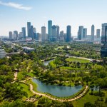 Aerial view of the park and Houston skyline.